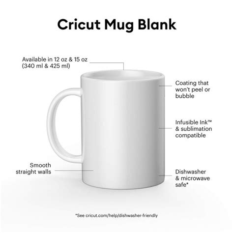 Cricut 350Ml Ceramic Mug Blanks White (6); 6 Infusible Ink™ compatible* mug blanks 12 oz / 340 ml in White - *Sublimation compatible; Smooth, straight walls for flawless transfers; Dishwasher & microwave safe*; For use with Cricut Mug Press™ & Infusible Ink products (sold separately)